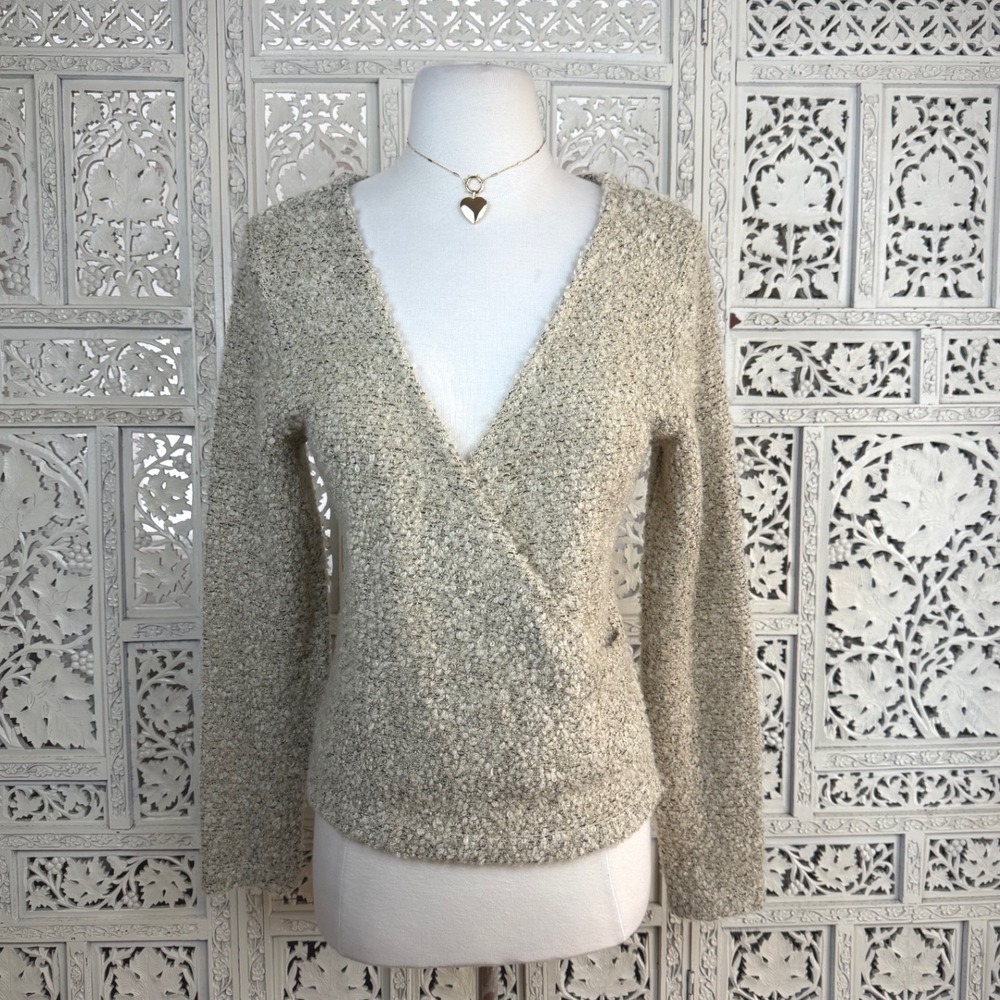 Dear John Wool Blend Beige Faux Wrap Sweater Sz S Boho Granola‎ Cozy Casual